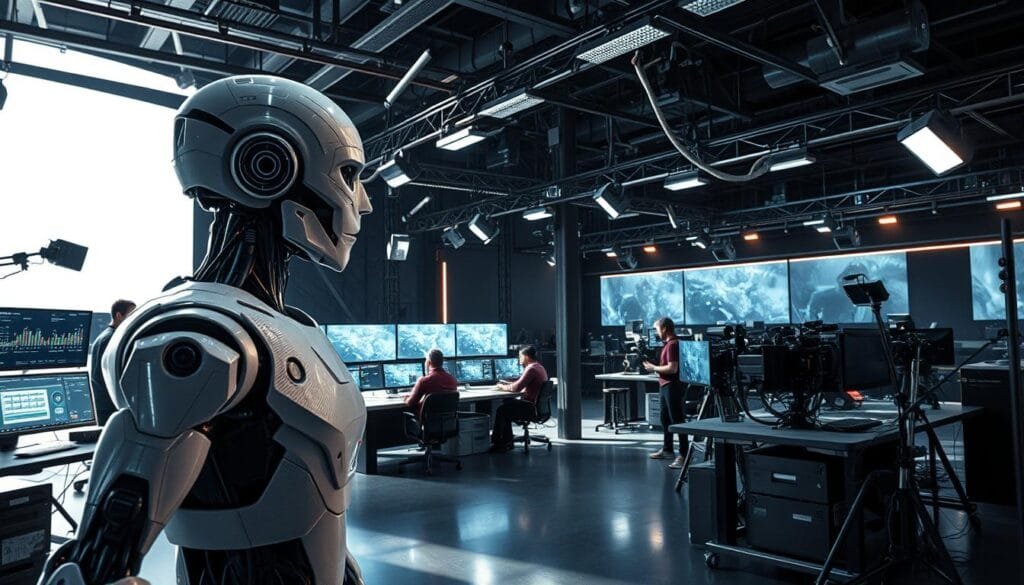 Procesos VFX con inteligencia artificial: A detailed, photorealistic scene showcasing the cutting-edge use of AI in visual effects. In the foreground, a 3D model of a futuristic robot is being dynamically manipulated through motion capture, its every movement seamlessly integrated. In the middle ground, a team of CG artists and technicians monitor an array of displays, analyzing real-time data and refining the AI-driven simulation. The background depicts a sprawling, high-tech studio filled with advanced workstations, cameras, and lighting rigs, creating an atmosphere of innovation and creativity. Bright, directional lighting casts dramatic shadows, enhancing the sense of depth and technological sophistication. The overall tone is one of cutting-edge progress, as AI emerges as a powerful tool in the ever-evolving world of visual effects.