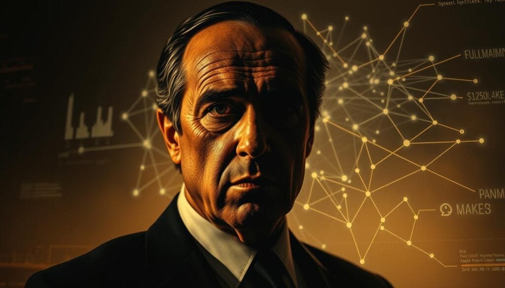 Prompt A close-up portrait of Michael Corleone, the patriarch of the Corleone crime family, set against a backdrop of analytical data visualizations and AI algorithms. Michael's face is shadowed, his expression pensive and calculating, as if deep in thought about his family's rise to power and the price they have paid. The foreground is illuminated by a warm, chiaroscuro lighting that casts dramatic shadows, adding to the intensity of the scene. The middle ground features a complex web of interconnected nodes, graphs, and data streams, representing the AI's analysis of the Corleone family's power dynamics and decision-making processes. The background fades into a hazy, moody atmosphere, suggesting the subtleties and complexities underlying the family's empire.