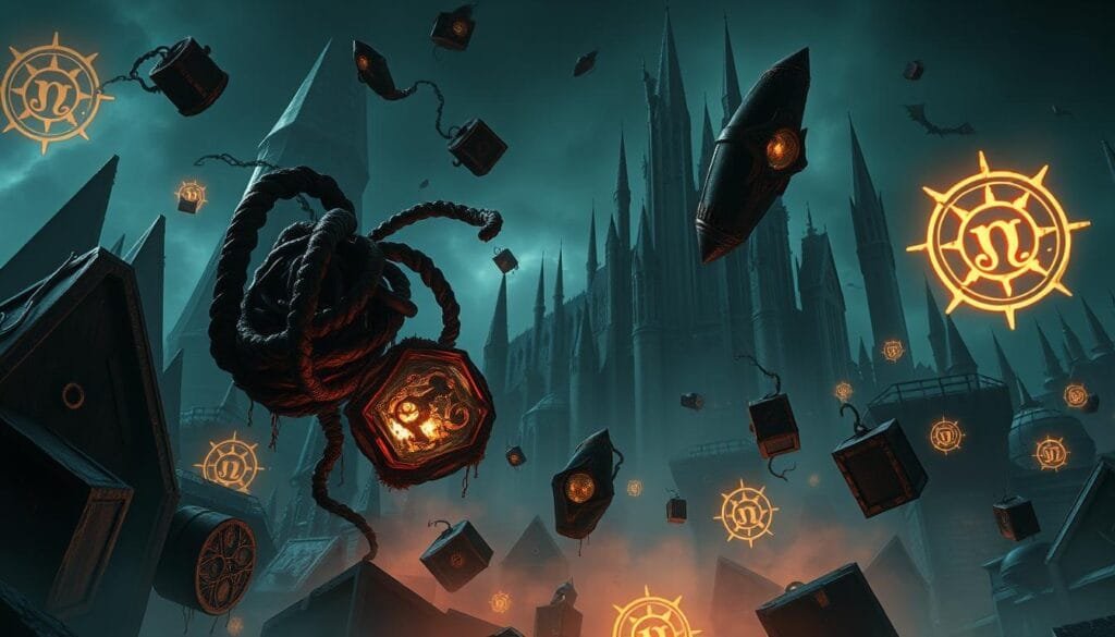 Prompt A dark, dystopian reimagination of Hogwarts' forbidden relics, bathed in an eerie, ominous glow. Twisted, decaying magical artifacts levitate ominously, shrouded in an oppressive atmosphere. Jagged, metallic structures loom in the background, suggesting a technologically-advanced yet sinister wizarding world. Ominous, glowing runes and glyphs adorn the scene, hinting at Voldemort's mastery of dark, technologically-enhanced magic. The overall tone is one of dread, foreboding, and a sense that the forces of evil have triumphed, casting a pall over the Wizarding world.