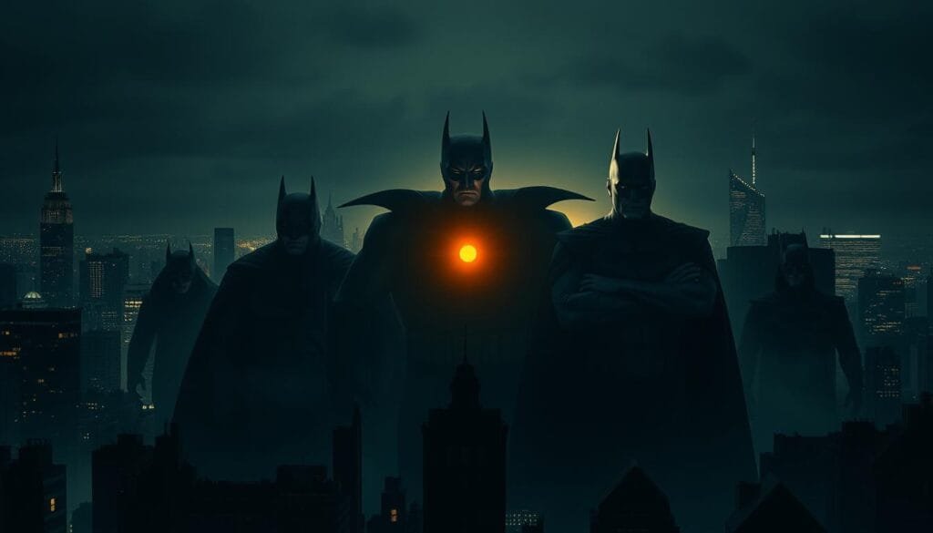 Prompt A dark, foreboding city skyline at night, shrouded in an eerie, ominous atmosphere. In the foreground, five larger-than-life DC villains loom menacingly, their sinister features illuminated by an ominous, flickering glow. Looming in the shadows, their powerful, malevolent presence is palpable, exuding a sense of dread and impending danger. The scene is captured with a cinematic, high-contrast lighting, creating sharp, dramatic shadows that amplify the villains' ominous aura. The overall composition conveys a sense of unease and the unsettling power of these DC villains, as selected and deemed the most terrifying by an AI system.