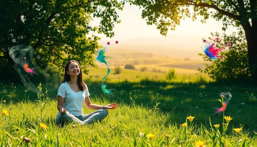 Prompt A serene, sun-dappled meadow with lush, vibrant greenery. In the foreground, a person sits cross-legged, eyes closed, deeply lost in meditation, their expression peaceful and tranquil. Surrounding them, ethereal wisps of energy radiate outward, representing the act of overcoming creative blocks. In the middle ground, colorful splashes of paint drift through the air, symbolizing the unleashing of creative potential. The background features a distant, rolling hill landscape, bathed in warm, golden light that instills a sense of hope and inspiration. The overall scene evokes a feeling of clarity, focus, and the freeing of the creative spirit.