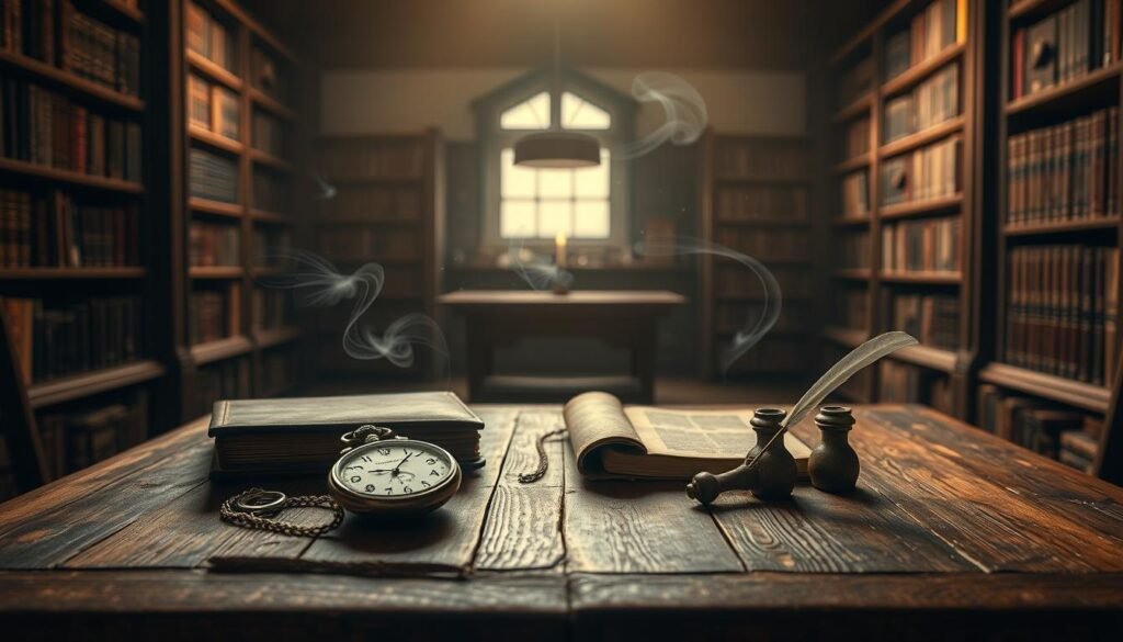 Prompt A tranquil study in an old library, bathed in warm, muted lighting. In the foreground, a weathered wooden table holds an array of objects - an antique pocket watch, a leather-bound journal, a quill and inkwell. Wisps of energy flow from the objects, creating a sense of connection and history. In the middle ground, bookshelves line the walls, their spines hinting at the knowledge they contain. The background is shrouded in a soft, sepia-toned haze, evoking a timeless, contemplative atmosphere. The scene reflects the notion of objects holding the memories and experiences of their owners, ready to be unlocked through the practice of psychometry.