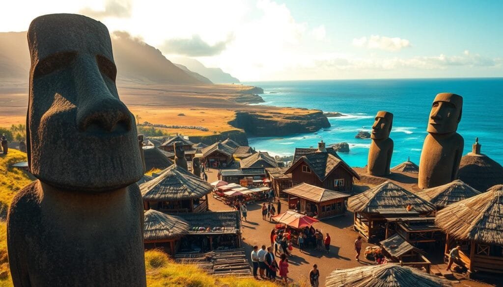 Rapa Nui, a mystical island in the Pacific, its ancient cultura captured in vivid detail. In the foreground, towering moai statues stand guard, their weathered faces bearing the weight of centuries. Surrounding them, a tapestry of traditional thatched-roof dwellings, their intricate patterns and textures creating a harmonious scene. In the middle ground, a bustling marketplace, vendors offering handcrafted artifacts, vibrant textiles, and locally-sourced delicacies. The background is dominated by the island's dramatic volcanic landscapes, rugged cliffs, and crystal-clear azure waters. Warm, golden sunlight filters through, casting a serene, timeless atmosphere over the entire scene. This image captures the essence of Rapa Nui's rich cultural heritage, inviting the viewer to explore the island's hidden wonders beyond the iconic moai.