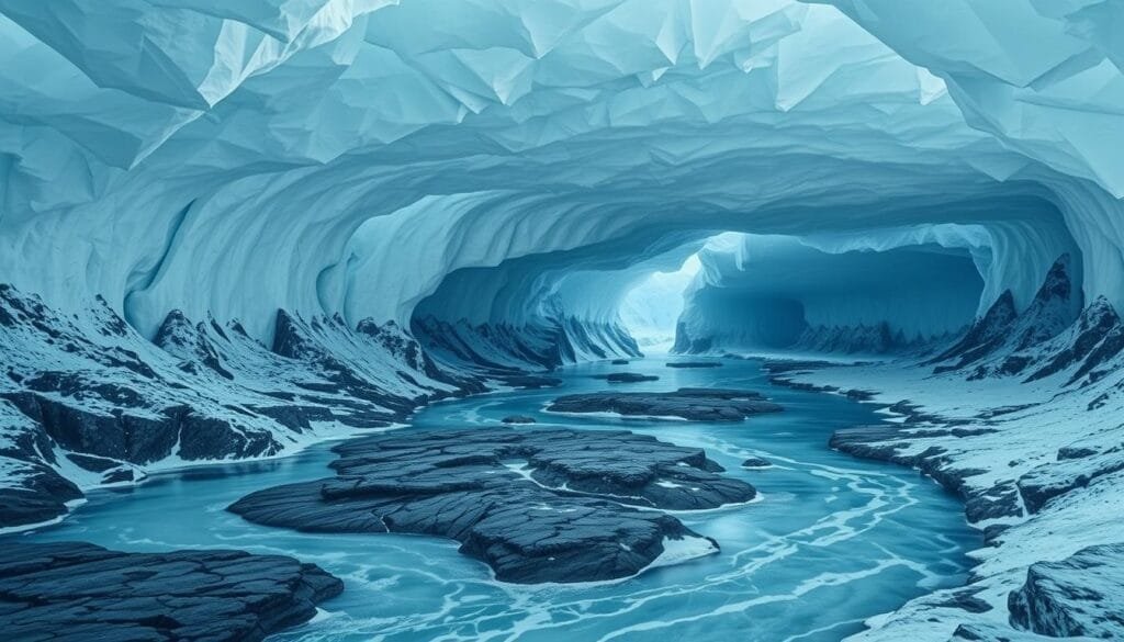 Subglacial rivers of the Antarctic, flowing beneath vast ice sheets, their hidden currents carving intricate channels through the bedrock. Capture the ethereal, otherworldly scene - an alien landscape of glacial ice, jagged peaks, and crystalline waters illuminated by a cool, diffuse light. Emphasize the sense of mystery and the dynamic interplay between the ice, rock, and water, conveying the hidden processes that shape the continent's topography. Utilize a wide-angle lens to establish a sense of expansive, rugged terrain, with the rivers snaking through the foreground. Render the image with a high level of detail and realism, evoking the majesty and grandeur of this hidden world.