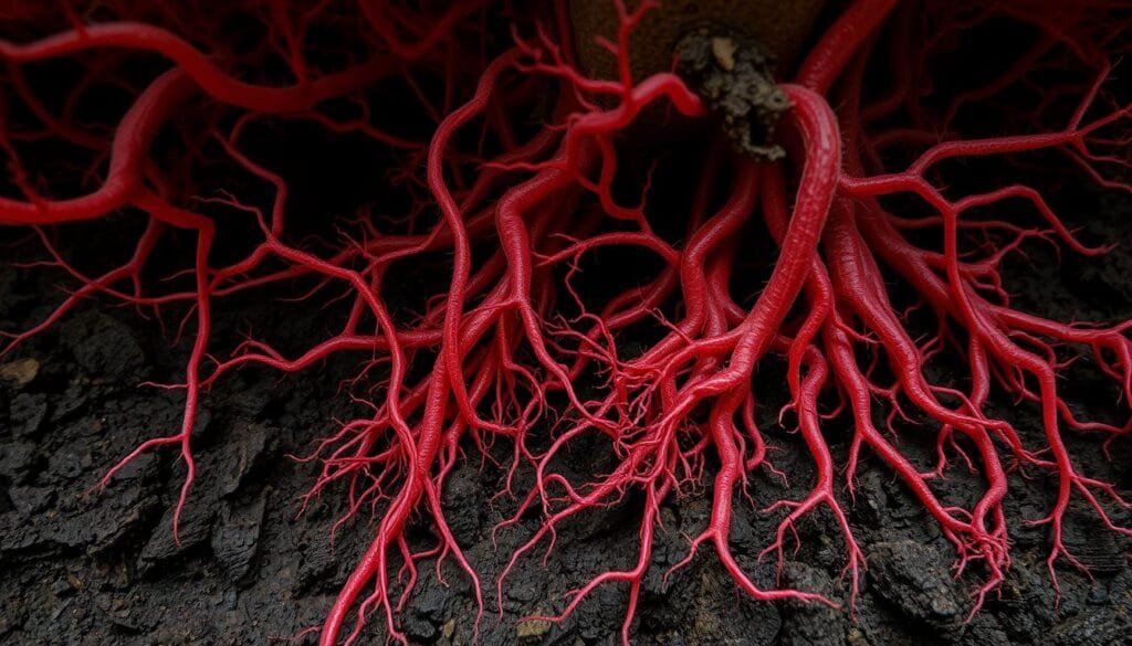Subterranean mycelial network, vibrant shades of red, intricate web of mycorrhizal filaments intertwining with tree roots in the rich, dark soil. Delicate, gossamer-like tendrils branching out, pulsing with energy, facilitating the exchange of nutrients and signals between diverse organisms. Intricate, fractal-like patterns emerge, capturing the hidden, symbiotic dance beneath the surface. Muted, earthy tones create a sense of depth and timelessness, as if glimpsing into the ancient, subterranean realm of the forest. Soft, diffused lighting accentuates the organic, textural qualities, conveying the quiet, yet vital importance of this underground mycorrhizal network.