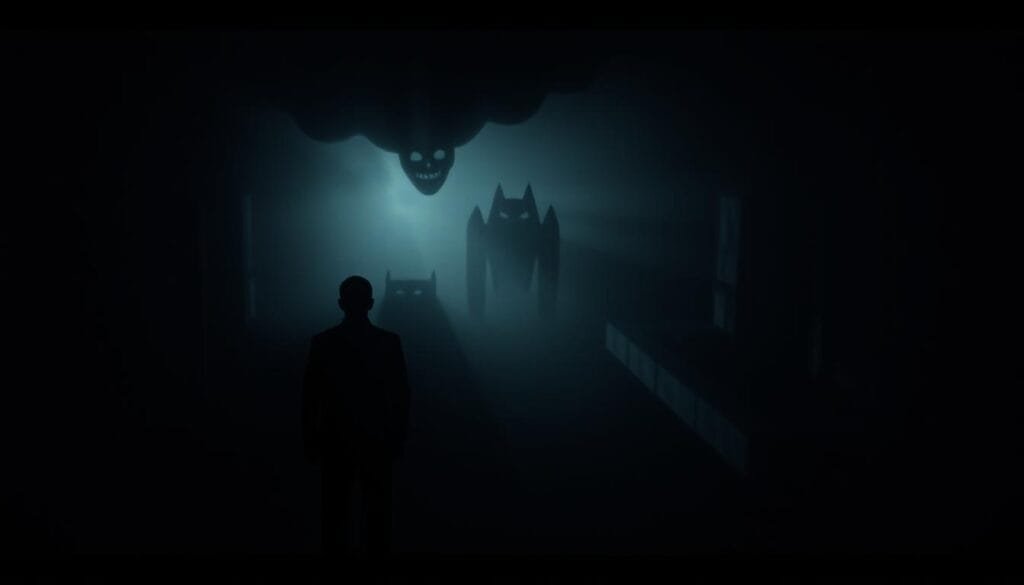 Surreal cinematic landscape depicting a distorted, unsettling rendition of the ending from the film "The Sixth Sense". The scene shows a dark, dimly-lit room with an ominous presence in the foreground, hinting at a horrifying twist on the original narrative. Eerie lighting casts long shadows, creating a sense of unease and dread. The middle ground features ominous, abstract shapes and forms that further the unsettling atmosphere. The background is obscured in mist and fog, giving the impression of a liminal, otherworldly space. The overall mood is one of disquiet, unease, and a pervasive sense that something is deeply wrong with the scene depicted.