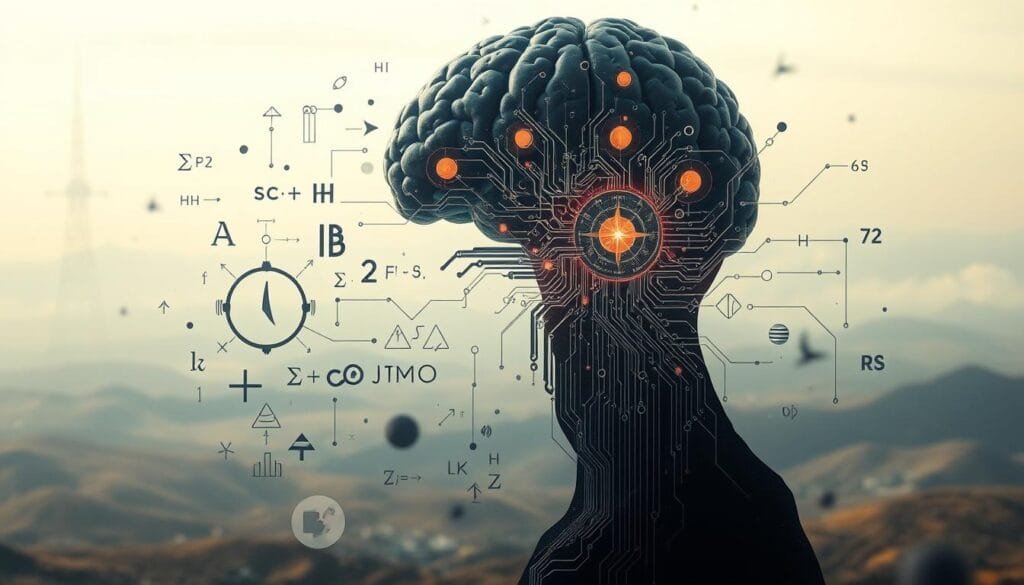 Symbolic artificial intelligence analysis: a surreal, thought-provoking scene. In the foreground, a human mind merges with a complex network of circuits and data streams, representing the convergence of human cognition and machine intelligence. The middle ground features fragmented symbols, equations, and glyphs, alluding to the intricate mathematical and logical foundations of AI. The background depicts a vast, dreamlike landscape, hinting at the expansive possibilities and philosophical implications of this technological advancement. Soft, diffused lighting casts an introspective glow, while a cinematic camera angle emphasizes the scale and gravitas of the subject matter. The overall atmosphere evokes a sense of wonder, contemplation, and the enduring mysteries of the human-machine relationship.