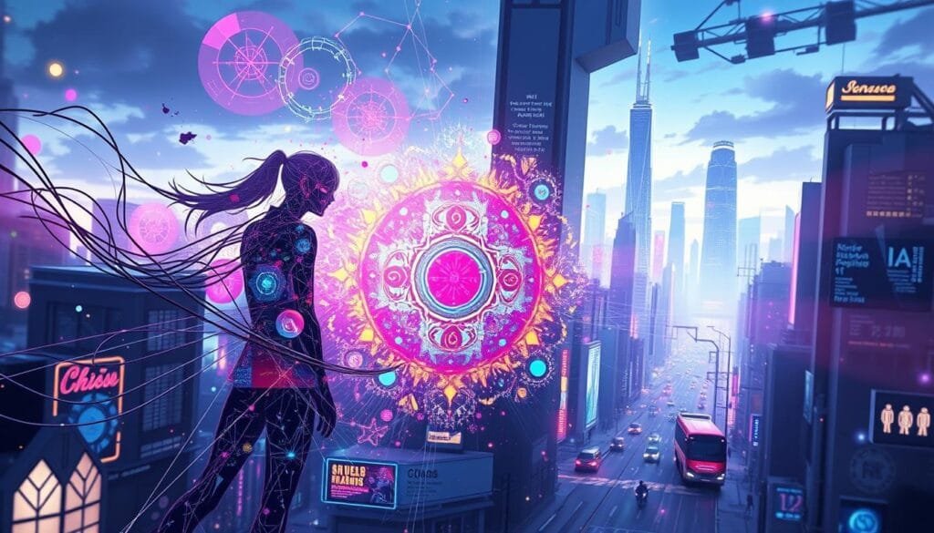 Tendencias anime IA: A futuristic anime-inspired scene with a focus on emerging AI-powered artistic trends. In the foreground, a dynamic figure composed of flowing lines and geometric shapes, hinting at the blending of human and machine. The middle ground features a kaleidoscopic array of vivid colors, abstract patterns, and glowing digital elements, reflecting the AI's influence on anime aesthetics. The background showcases a cityscape of towering skyscrapers and neon-lit streets, creating a sense of a technologically advanced, yet visually captivating world. Soft, diffused lighting casts an ethereal glow, heightening the dreamlike, speculative nature of the scene. The overall atmosphere conveys a fusion of traditional anime sensibilities and cutting-edge AI-driven innovations, suggesting the exciting future of the anime genre.