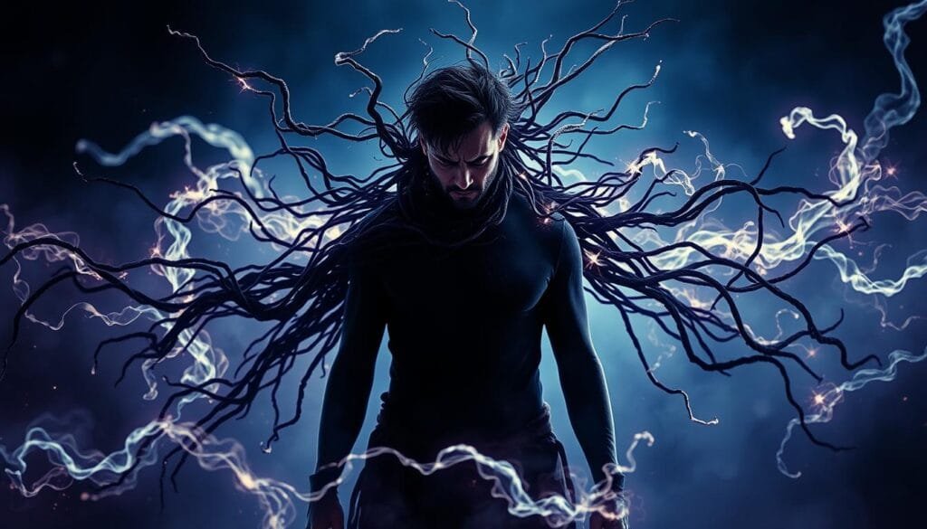 Transformación emocional: A figure stands amidst swirling energies, their body wreathed in shadowy tendrils that stretch and surge, as if the very forces of darkness are enveloping them. The background is a haze of deep blues and purples, creating an atmosphere of unease and transformation. Lighting is dramatic, casting sharp contrasts and highlighting the subject's pained expression, their face twisted in a mix of anguish and determination. The composition is balanced, with the central figure occupying the foreground, the energy currents flowing around them. Cinematic in style, this image captures the essence of a hero's descent into the darkness, a moment of emotional turmoil and the crucial shift from hope to the dark side.