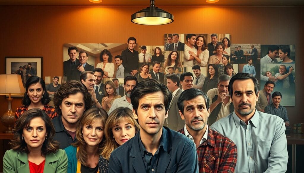 Trayectoria actores cómicos: A cinematic collage of the professional journeys of Seinfeld's iconic comedic ensemble, set against a mid-century modern backdrop. In the foreground, a series of vibrant headshots capture the actors in their post-Seinfeld roles, showcasing their versatility and range. The middle ground features candid behind-the-scenes moments, hinting at the camaraderie and creative spark that defined their time on the legendary sitcom. In the background, a montage of film and TV clips, awards, and accolades celebrates their sustained success, illuminated by a warm, cinematic lighting that evokes the golden age of Hollywood. Rendered in a rich, painterly style, this image aims to capture the enduring legacy of these comedic trailblazers.