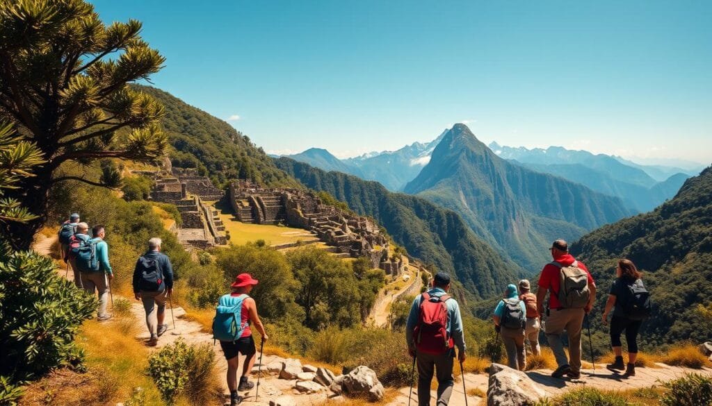 Trekking guide for beginners: A panoramic vista of the Inca Trail winding through lush Andean landscapes. In the foreground, a group of hikers in gear explore a rocky path, their expressions awed by the rugged, sun-dappled terrain. The middle ground features ancient Inca ruins peeking through the verdant foliage, their stone walls weathered by time. In the distance, snow-capped peaks pierce the clear, azure sky, creating a breathtaking backdrop. Warm, golden lighting bathes the scene, evoking a sense of adventure and discovery. This guided hike captures the essence of the Inca Trail, offering a beginner-friendly exploration of this iconic South American trek.