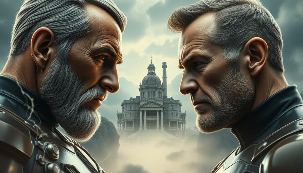 Two powerful mutants, Magneto and Charles Xavier, stand face to face in a tense, yet nuanced relationship. In the foreground, their weathered features convey a deep respect and complex history, despite their conflicting ideologies. Magneto's magnetic powers crackle with intensity, while Xavier's calm demeanor radiates an unwavering vision for mutant-human coexistence. The middle ground is shrouded in a hazy, ethereal light, symbolizing the ambiguity and moral gray areas that permeate their interactions. In the distant background, the iconic X-Men mansion stands as a testament to Xavier's dream, juxtaposed against the industrial, dystopian landscape that Magneto seeks to reshape. The overall scene evokes a sense of both tension and introspection, capturing the nuanced, ever-evolving relationship between these two mutant icons.