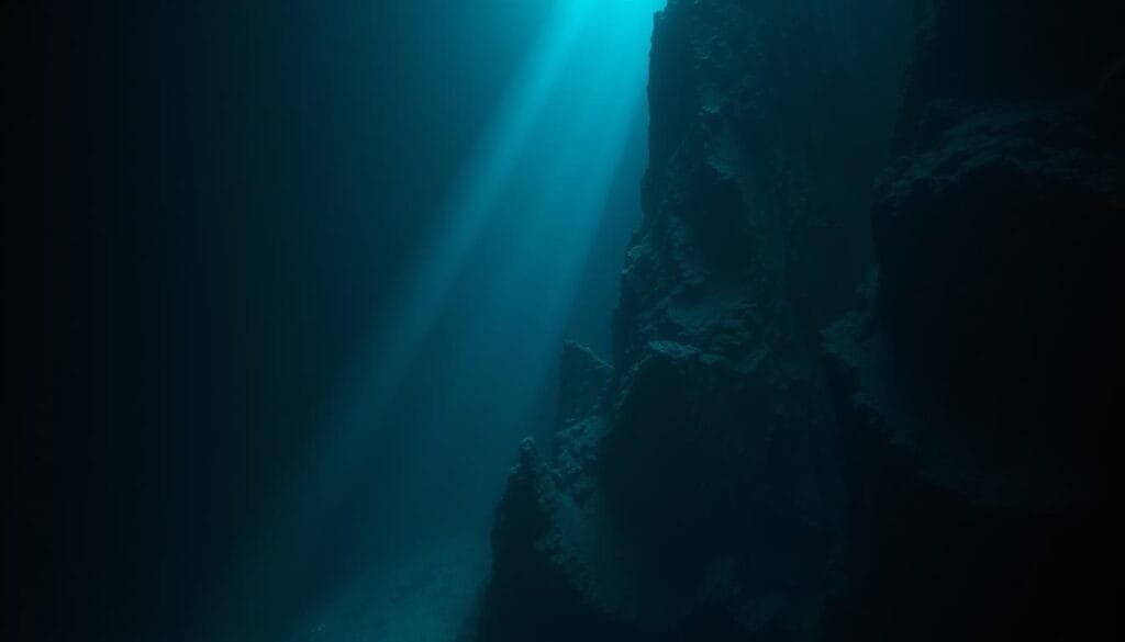 Underwater abyss, depths of the Mariana Trench. Crushing pressure, frigid waters, eternal darkness. Massive, shadowy forms loom in the gloom, ancient creatures adapted to the extreme conditions. Faint bioluminescent glow from deep-sea organisms, casting an otherworldly illumination. Jagged, monolithic rock formations rise from the seafloor, their surfaces scarred by eons of tectonic forces. Narrow beams of light pierce the murky depths, revealing the alien landscape. Sense of isolation, the profound mysteries that still lie unexplored in the deepest place on Earth.
