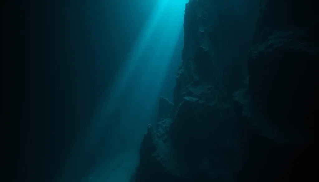 Underwater abyss, depths of the Mariana Trench. Crushing pressure, frigid waters, eternal darkness. Massive, shadowy forms loom in the gloom, ancient creatures adapted to the extreme conditions. Faint bioluminescent glow from deep-sea organisms, casting an otherworldly illumination. Jagged, monolithic rock formations rise from the seafloor, their surfaces scarred by eons of tectonic forces. Narrow beams of light pierce the murky depths, revealing the alien landscape. Sense of isolation, the profound mysteries that still lie unexplored in the deepest place on Earth. Underwater abyss, depths of the Mariana Trench. Crushing pressure, frigid waters, eternal darkness. Massive, shadowy forms loom in the gloom, ancient creatures adapted to the extreme conditions. Faint bioluminescent glow from deep-sea organisms, casting an otherworldly illumination. Jagged, monolithic rock formations rise from the seafloor, their surfaces scarred by eons of tectonic forces. Narrow beams of light pierce the murky depths, revealing the alien landscape. Sense of isolation, the profound mysteries that still lie unexplored in the deepest place on Earth.