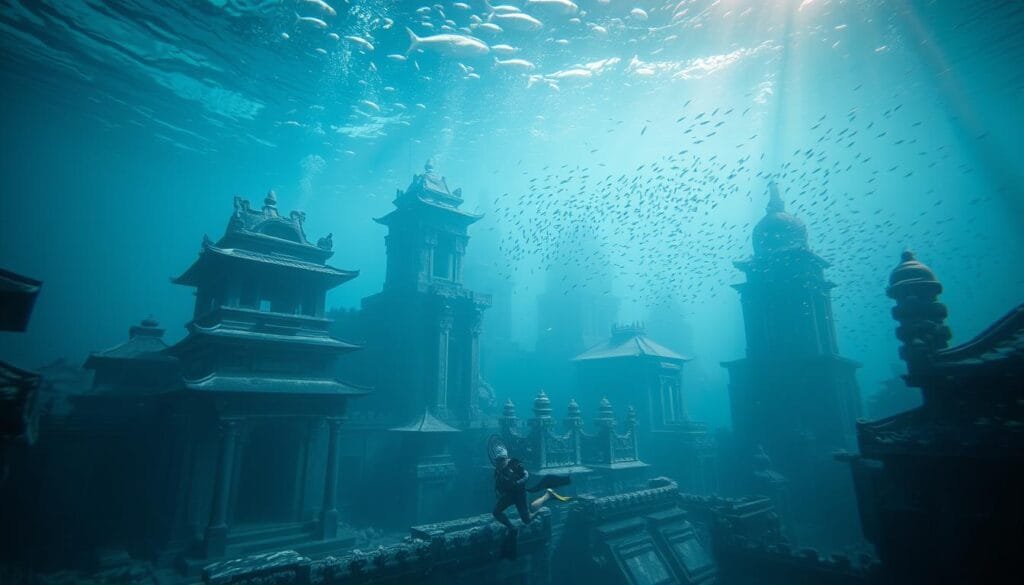 Underwater city ruins of the ancient Lion City, China, shrouded in a veil of aquamarine light. Carved stone temples and pagodas stand frozen in time, their weathered facades reclaimed by schools of vibrant tropical fish. Sunlight filters through the waters, casting a serene, dream-like atmosphere over the submerged metropolis. In the foreground, a lone diver explores the eerie, tranquil landscape, their presence a testament to the passage of centuries. The city's history lies buried beneath the waves, a testament to the power of nature to reclaim what was once man's domain.