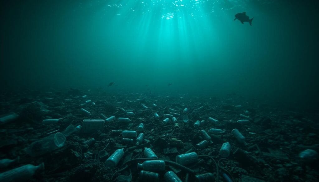 Underwater scene of deep ocean floor littered with discarded human waste and debris. Crumpled metal, plastic bottles, fishing nets, and other refuse scattered across the murky seafloor. Dim, eerie lighting filters down from the distant surface, casting an ominous glow. Schools of small fish dart nervously between the trash. Ghostly silhouettes of larger predators lurk in the background. Sense of environmental devastation and human impact on the last untouched wilderness. Detailed, hyper-realistic, cinematic composition, dramatic lighting, Nikon D850, 24-70mm lens.