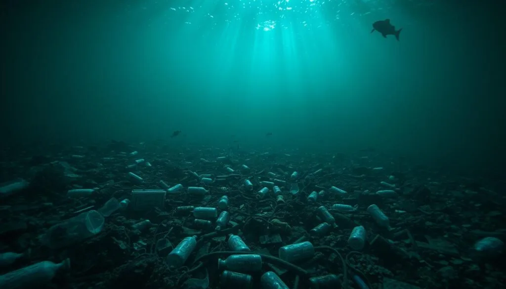 Underwater scene of deep ocean floor littered with discarded human waste and debris. Crumpled metal, plastic bottles, fishing nets, and other refuse scattered across the murky seafloor. Dim, eerie lighting filters down from the distant surface, casting an ominous glow. Schools of small fish dart nervously between the trash. Ghostly silhouettes of larger predators lurk in the background. Sense of environmental devastation and human impact on the last untouched wilderness. Detailed, hyper-realistic, cinematic composition, dramatic lighting, Nikon D850, 24-70mm lens. Underwater scene of deep ocean floor littered with discarded human waste and debris. Crumpled metal, plastic bottles, fishing nets, and other refuse scattered across the murky seafloor. Dim, eerie lighting filters down from the distant surface, casting an ominous glow. Schools of small fish dart nervously between the trash. Ghostly silhouettes of larger predators lurk in the background. Sense of environmental devastation and human impact on the last untouched wilderness. Detailed, hyper-realistic, cinematic composition, dramatic lighting, Nikon D850, 24-70mm lens.