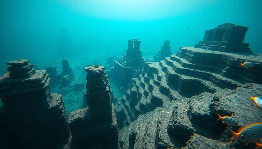 Underwater structures of Yonaguni: a mysterious submerged landscape. In the foreground, enigmatic stone formations and terraces, their origins hotly debated - natural formations or remnants of an ancient lost civilization? Surrounding them, a serene blue-green ocean, sunlight filtering through the waters, casting a tranquil glow. In the middle ground, schools of tropical fish dart between the ancient stone blocks, hinting at a vibrant marine ecosystem. The background fades into the deep, an abyss of unknowns, inviting exploration and discovery. Capture this otherworldly, almost extraterrestrial scene with a high-resolution wide-angle lens, using natural lighting to accentuate the mystery and majesty of Yonaguni's underwater monuments.