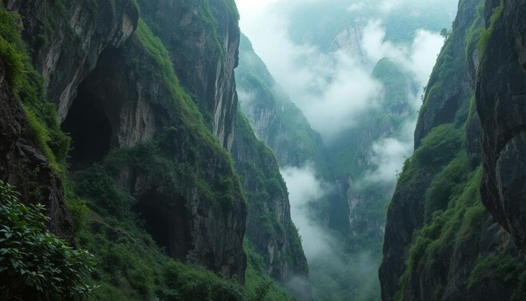 Unexplored cuevas deep within a rugged, remote mountain landscape. Narrow cave entrances carved into towering limestone cliffs, shrouded in a veil of mist. Lush, verdant foliage creeping across the uncharted terrain, hinting at the untold mysteries that lie within. Soft, diffused natural lighting filters through the mist, creating an air of mystique and allure. A sense of adventure and discovery pervades the scene, inviting the viewer to imagine the wonders that await in these last remaining frontiers of our planet.