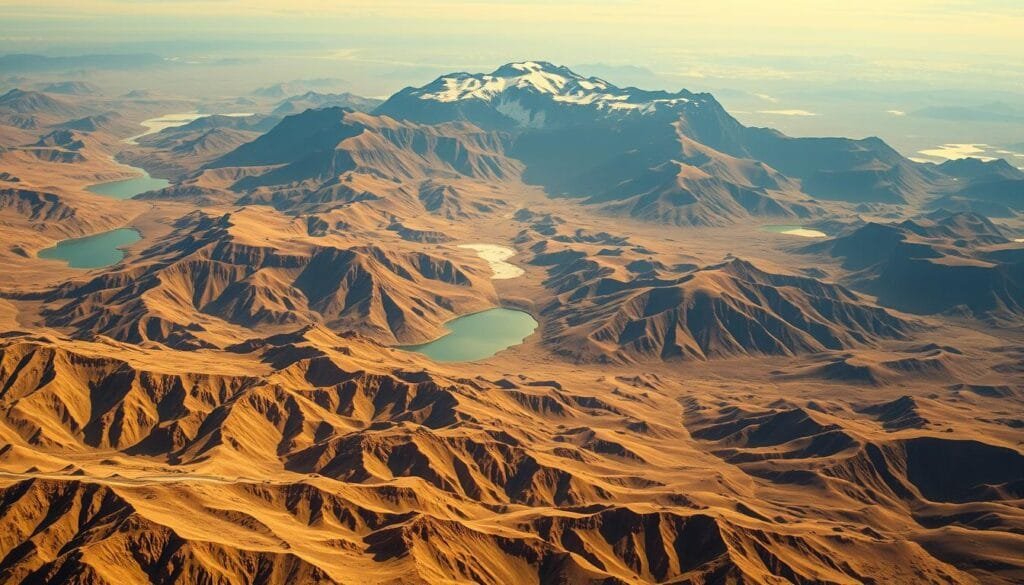 Vast, undulating landscapes of rugged terrain, sculpted by millennia of geological processes. A hidden continent emerges, its jagged peaks and deep valleys revealed in striking detail. Serene valleys dotted with glistening lakes, carved by ancient glacial flows. Towering mountain ranges rise majestically, their slopes cloaked in a tapestry of earthy hues. Warm, diffused lighting bathes the scene, casting dramatic shadows that accentuate the intricate topography. Captured through the lens of a high-resolution camera, the image conveys a sense of awe-inspiring, primordial beauty - a glimpse into the untamed heart of a world hidden beneath the frozen expanse of Antarctica.
