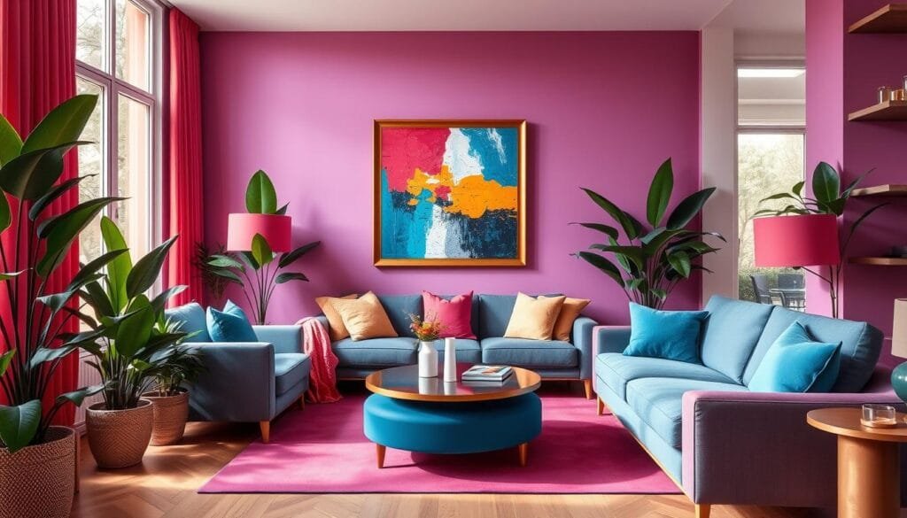 Vibrant and inviting interior with bold, harmonious color palette. A cozy living room with lush green plants, plush textiles in jewel-toned hues, and natural wood accents. Warm, diffused lighting highlights the room's focal point: a striking modern abstract painting in a gold frame. Sleek, minimalist furniture in shades of blue and pink create a sense of balance and symmetry. Large windows flood the space with natural light, casting a serene, tranquil atmosphere. The overall design evokes a sense of sophistication, comfort and creativity, perfectly capturing the essence of "decoración con color".