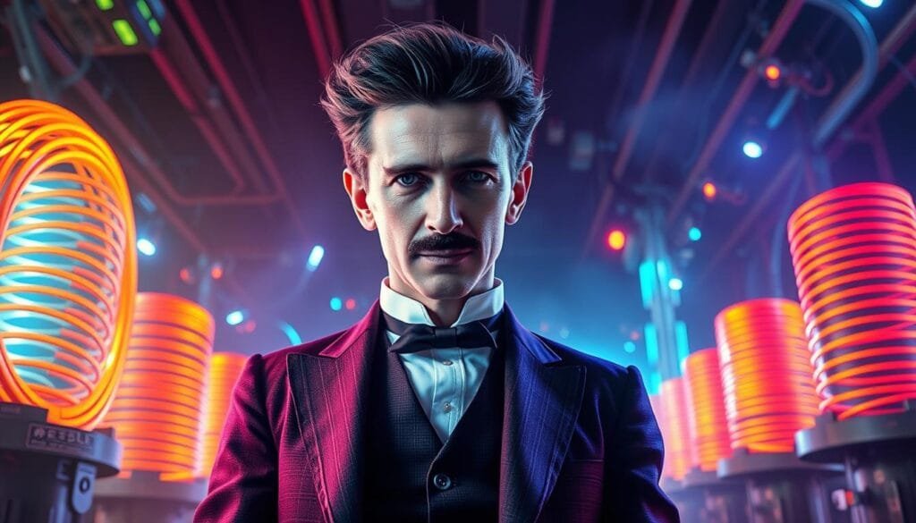 Vibrant, retro-futuristic depiction of Nikola Tesla, the visionary inventor, against a backdrop of glowing Tesla coils and futuristic tech. Tesla, dressed in a sleek, modernist suit, stands confidently, his penetrating gaze and wild hair evoking his pioneering spirit. Dramatic, cinematic lighting illuminates the scene, casting dynamic shadows and highlights. The composition blends historical accuracy with a pop art aesthetic, capturing Tesla's enduring influence on popular culture and the public imagination. Detailed, hyper-realistic rendering with a vibrant, saturated color palette.