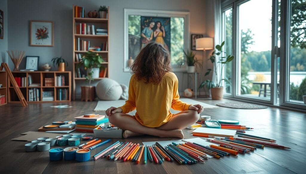 Whimsical and vibrant creative strategies unfold in a serene home setting. In the foreground, a person sits cross-legged on the floor, surrounded by an array of colorful art supplies - paints, pencils, sketchpads. The middle ground features a cozy living room with bookshelves, a potted plant, and a large window that allows natural light to stream in. The background depicts a calming outdoor scene, with lush greenery and a tranquil body of water. The overall mood is one of contemplation, imagination, and the transformative power of boredom, as the person explores novel ideas and techniques to harness their creative potential. Soft, diffused lighting casts a warm, inviting glow throughout the scene.