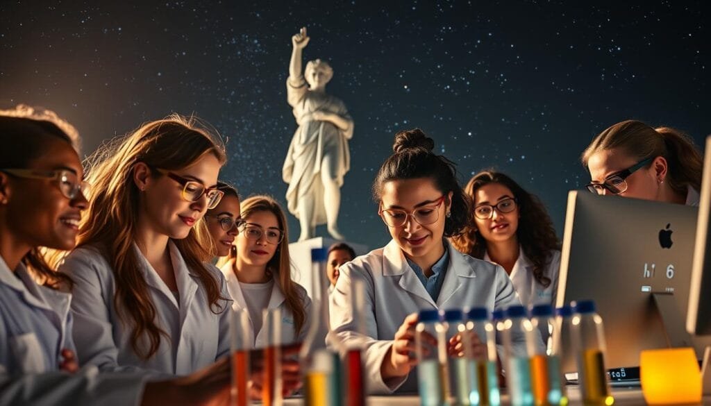 Women in STEM inspiring science - a breathtaking scene capturing the empowerment of female scientists. In the foreground, a diverse group of women in lab coats and safety goggles, engrossed in their experiments, their faces lit by the soft glow of test tubes and computer screens. In the middle ground, a towering sculpture of Marie Curie, her iconic pose radiating an aura of determination and innovation. In the background, a starry night sky, hinting at the boundless possibilities of scientific discovery. The lighting is warm and inviting, casting a sense of wonder and possibility. The camera angle is slightly elevated, giving a sense of the women's confidence and agency. The overall mood is one of inspiration, empowerment, and the sheer joy of scientific pursuit.