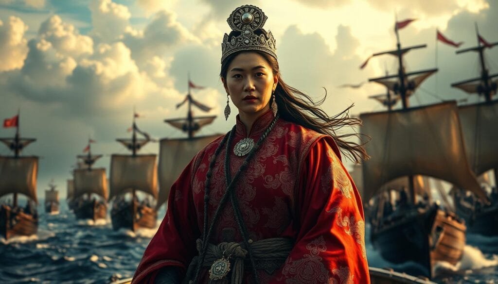 Zheng Yi Sao, the formidable "Queen of the Pirates", commanding her vast pirate fleet on the turbulent waters of the South China Sea. Adorned in an ornate crimson robe, she stands tall and resolute, her piercing gaze surveying the horizon. Behind her, a fleet of sturdy ships with billowing sails, their cannons primed for battle. The sky is shrouded in dramatic clouds, casting an ominous yet captivating atmosphere. The scene is bathed in warm, golden light, highlighting the strength and power of this legendary pirate queen. A cinematic, high-resolution image captured with a wide-angle lens, conveying the grand scale and might of Zheng Yi Sao's pirate empire.