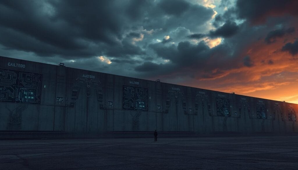 a massive, ominous concrete wall stretching across a bleak, dystopian landscape, its surface covered in intricate circuits and glowing panels, creating the illusion of an intelligent, sentient structure; the sky above is dark and foreboding, with swirling clouds suggesting an impending storm; the wall dominates the frame, casting long shadows and exuding an aura of power and control; in the foreground, a lone, small human figure stands before the imposing barrier, dwarfed by its scale and technological prowess, hinting at the struggle between man and machine within the narrative