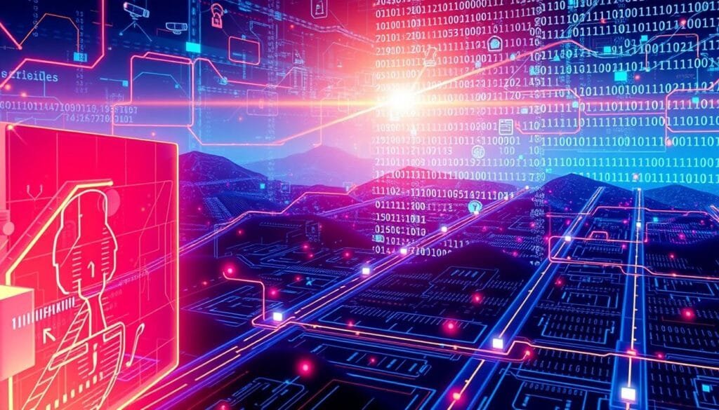 a vibrant digital landscape with a central focus on protecting against deepfakes. in the foreground, a sturdy firewall or security shield constructed from abstract geometric shapes and dynamic glowing lines, symbolizing advanced cybersecurity measures. the middle ground features an array of facial recognition sensors, biometric scanners and surveillance cameras, meticulously monitoring for any signs of digital manipulation. in the background, a complex maze of binary code, digital matrices and cryptographic patterns, representing the intricate technological frameworks underlying deepfake detection and prevention. the overall scene conveys a sense of vigilance, technological sophistication and the relentless battle against the threats posed by deepfakes.