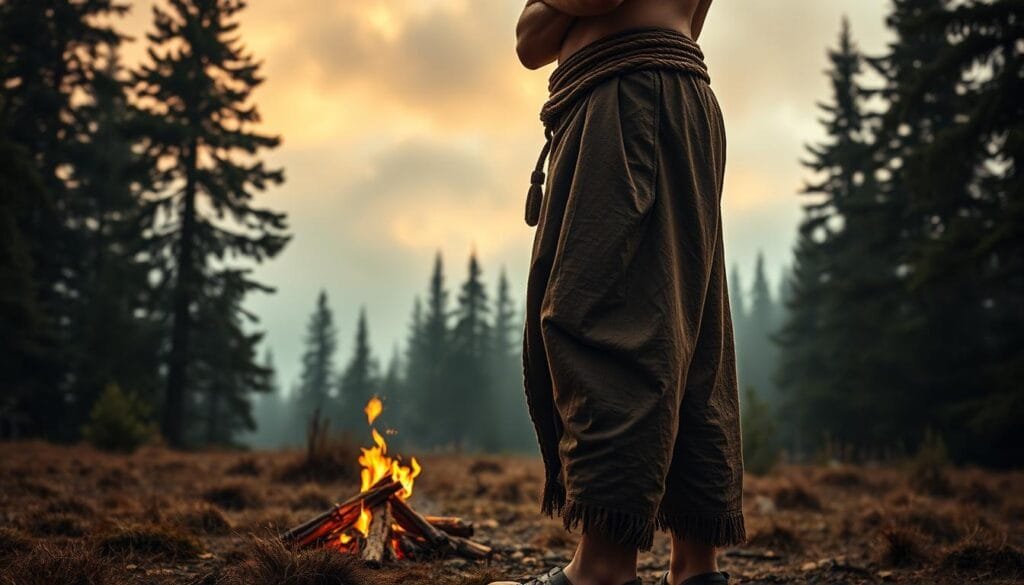 A Celtic warrior standing proud, wearing ancient, rugged pants in a misty, forested landscape. Warm, earthy tones complement the natural setting. Dramatic shadows and highlights accentuate the fabric's texture and folds. The figure's weathered face and determined gaze convey a sense of timeless tradition. A modest campfire smolders in the middle ground, hinting at a nomadic, self-sufficient lifestyle. Towering pines and a cloudy, golden-hued sky frame the scene, evoking a sense of pre-Roman, Celtic cultural heritage.