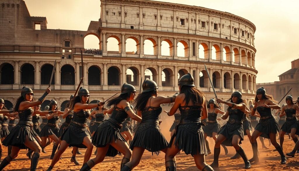 A Roman amphitheater, the Colosseum, stands majestically in the foreground, its grandeur a testament to the legacy of the female gladiators who fought within its walls. In the middle ground, a group of strong, determined women in intricate leather armor and helmets engage in fierce combat, their movements graceful yet powerful. The background is a hazy, golden-hued sky, evoking a sense of historical significance and the enduring spirit of these remarkable warriors. Dramatic lighting casts dramatic shadows, accentuating the physicality and intensity of the scene. The overall atmosphere is one of reverence and awe, capturing the profound impact of these forgotten female gladiators on the course of history. A Roman amphitheater, the Colosseum, stands majestically in the foreground, its grandeur a testament to the legacy of the female gladiators who fought within its walls. In the middle ground, a group of strong, determined women in intricate leather armor and helmets engage in fierce combat, their movements graceful yet powerful. The background is a hazy, golden-hued sky, evoking a sense of historical significance and the enduring spirit of these remarkable warriors. Dramatic lighting casts dramatic shadows, accentuating the physicality and intensity of the scene. The overall atmosphere is one of reverence and awe, capturing the profound impact of these forgotten female gladiators on the course of history.