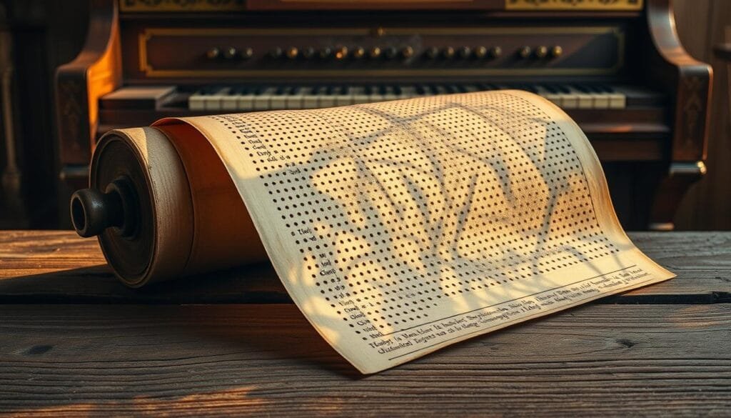 A beautifully aged roll of perforated paper, once used to control the notes of a player piano, rests on a weathered wooden surface. The intricate patterns of punched holes catch the warm, golden light, casting intricate shadows that dance across the textured surface. In the background, a vintage player piano stands, its polished wood and gleaming brass accents hinting at the bygone era of mechanical music. The atmosphere is one of nostalgia and the echoes of a time when technology and artistry converged to create a unique musical experience.