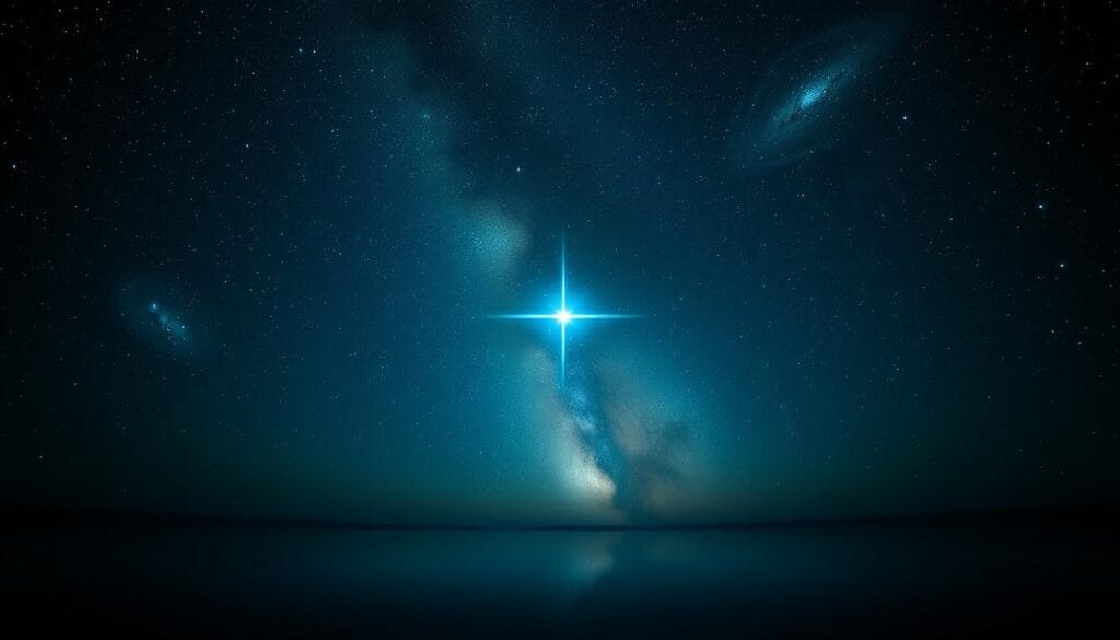 A breathtaking night sky, the Southern Cross constellation shining brightly against a deep, inky backdrop. The four main stars - Acrux, Becrux, Gacrux, and Decrux - form a distinct, upright cross, their brilliant white-blue hues casting a soft, ethereal glow. Wisps of swirling nebulae and distant galaxies surround the celestial centerpiece, a tapestry of cosmic wonder. The scene is captured through a wide-angle lens, the stars reflected in a tranquil lake or ocean below, creating a mesmerizing sense of depth and symmetry. A serene, reverent atmosphere pervades, as if these celestial beacons have guided countless explorers to the mysteries of the Southern Hemisphere. A breathtaking night sky, the Southern Cross constellation shining brightly against a deep, inky backdrop. The four main stars - Acrux, Becrux, Gacrux, and Decrux - form a distinct, upright cross, their brilliant white-blue hues casting a soft, ethereal glow. Wisps of swirling nebulae and distant galaxies surround the celestial centerpiece, a tapestry of cosmic wonder. The scene is captured through a wide-angle lens, the stars reflected in a tranquil lake or ocean below, creating a mesmerizing sense of depth and symmetry. A serene, reverent atmosphere pervades, as if these celestial beacons have guided countless explorers to the mysteries of the Southern Hemisphere.