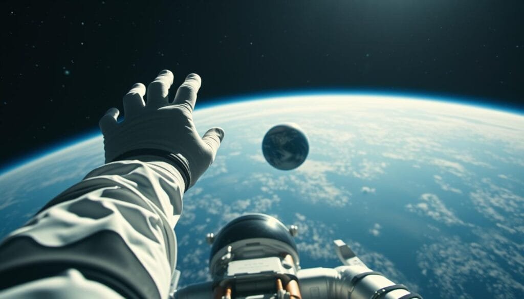 A breathtaking view of astronauts floating in the vast, infinite expanse of space. In the foreground, an astronaut's gloved hand reaches out, capturing the wonder and awe of their extraterrestrial experience. The middle ground reveals the sleek, silver spacesuit, reflecting the distant stars like a mirror. In the background, the Earth's curvature comes into focus, a delicate blue orb suspended in the darkness. Soft, directional lighting illuminates the scene, casting subtle shadows and highlights that accentuate the astronaut's movements. The atmosphere is one of serene contemplation, a moment of profound connection with the cosmos.