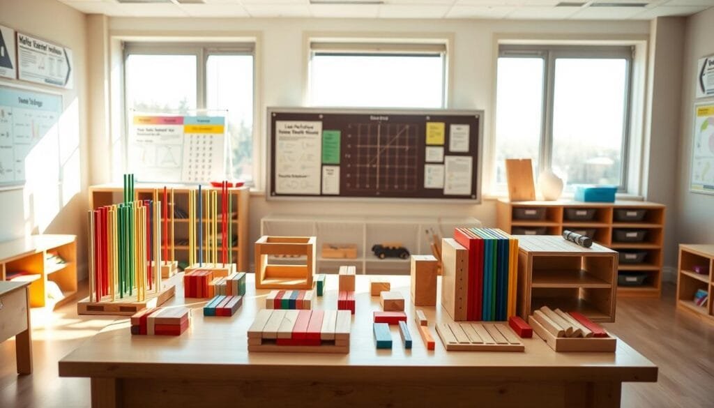 A bright, well-lit classroom setting with a table showcasing a collection of Montessori materials for teaching linear algebra. The materials include wooden blocks, color-coded rods, and geometric shapes that can be manipulated to demonstrate vector operations, matrix transformations, and other core linear algebra concepts. The materials are arranged neatly, inviting hands-on exploration. The classroom has large windows, allowing natural light to flood the space, creating a warm, welcoming atmosphere. The background features informative posters and charts related to linear algebra, complementing the hands-on learning experience. An overall sense of educational engagement and tactile discovery pervades the scene.
