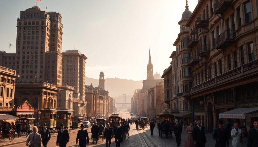 A bustling 19th century San Francisco cityscape, with towering Victorian-style buildings, cable cars navigating the hilly streets, and horse-drawn carriages clopping along cobblestone roads. In the foreground, well-dressed gentlemen and ladies stroll the sidewalks, while street vendors and laborers go about their daily business. The sky is bathed in a warm, golden light, casting long shadows and a sense of timeless elegance over the scene. A glimpse into the dynamic social and historical context that shaped the rise of eccentric characters like Norton I, the self-proclaimed Emperor of the United States.