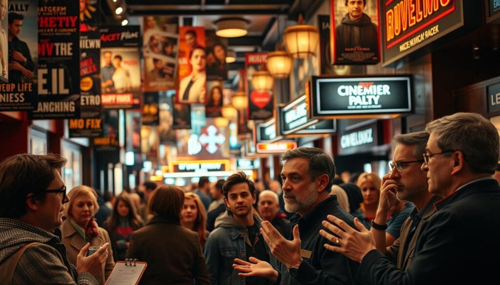 A bustling cinema lobby, posters and marquees showcasing a diverse array of films. In the foreground, a group of film critics engrossed in lively discussion, gesticulating animatedly as they share their perspectives on the cinematic experience. Warm lighting casts a cozy glow, while the background is filled with the hustle and bustle of moviegoers, their expressions ranging from contemplative to enthusiastic. The scene captures the intersection of critical analysis and the public's fascination with the art of filmmaking, reflecting the diverse viewpoints that shape our understanding of the cinematic medium.
