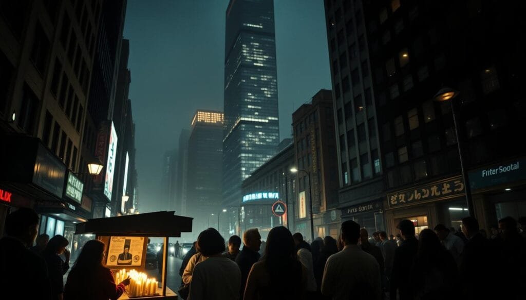 A bustling city street at dusk, the air thick with an eerie superstitious energy. In the foreground, a group of people gathered around a makeshift fortune-telling booth, their faces lit by flickering candles. Shadows cast across the scene, creating a sense of mystery and foreboding. In the middle ground, a towering skyscraper stands as a symbol of modern society, its reflective windows casting distorted, ominous images. The background is a hazy, dreamlike cityscape, the buildings and streetlights blurred, suggesting the overwhelming influence of superstition and numerology on the collective psyche. The lighting is moody and dramatic, creating an atmosphere of unease and unnatural happenings. The camera angle is slightly low, lending a sense of scale and emphasizing the looming presence of the superstitious elements.