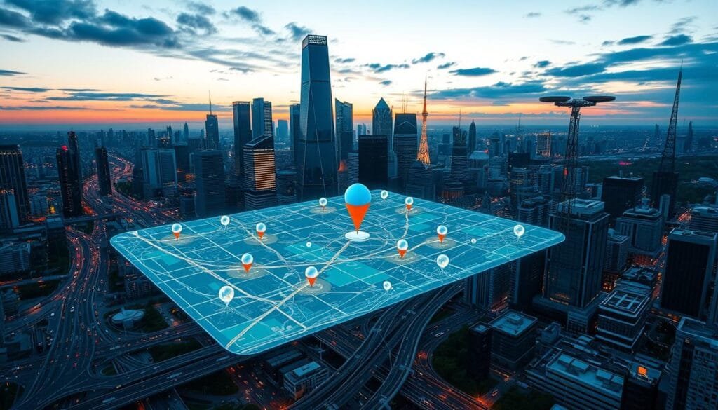 A bustling cityscape at dusk, with towering skyscrapers and intricate networks of roads and transportation systems. In the foreground, a holographic display showcases a 3D map with dynamic, real-time location data, highlighting the challenges of geolocation in an increasingly complex urban environment. The middle ground features a diverse array of electronic devices, satellites, and GPS antennas, illustrating the technological infrastructure that powers modern positioning systems. In the background, a futuristic landscape with hovering vehicles and advanced communication towers, hinting at the evolving trends and innovations that will shape the future of geolocation.
