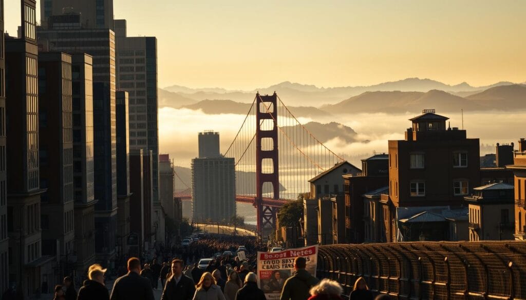 A bustling financial district in San Francisco, with towering skyscrapers casting long shadows across the streets. In the foreground, a sense of crisis and turmoil - people hurrying with anxious expressions, newspapers with bold headlines announcing economic woes. The mid-ground features the iconic Golden Gate Bridge, partially obscured by fog, symbolizing the uncertainty and challenges facing the city. The background showcases the rolling hills and the picturesque San Francisco Bay, their tranquil beauty juxtaposed against the prevailing mood of financial distress. The scene is lit by a moody, golden-hued light, creating a somber and pensive atmosphere, conveying the gravity of the economic difficulties faced by the city.