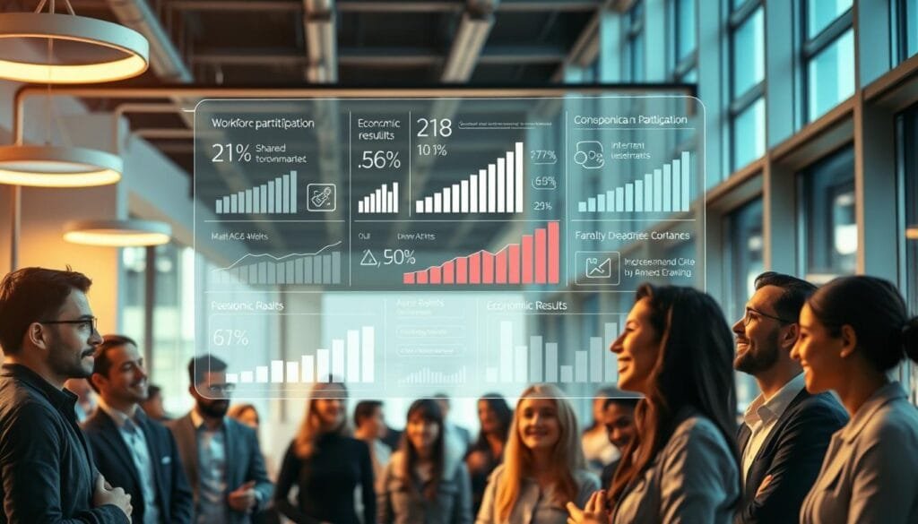 A bustling office setting with a focus on workforce participation and economic impact. In the foreground, a diverse group of employees engaged in animated discussions, their expressions conveying a sense of active collaboration and shared decision-making. The middle ground features a large, transparent data visualization displaying various financial metrics and performance indicators, illustrating the tangible economic results of this democratic management approach. The background showcases a modern, well-lit interior with sleek, minimalist design elements, creating an atmosphere of professionalism and innovation. Soft, warm lighting from overhead fixtures and natural light streaming through large windows imbues the scene with a sense of openness and transparency. The overall composition emphasizes the interconnectedness of employee empowerment, collaborative decision-making, and positive economic outcomes.