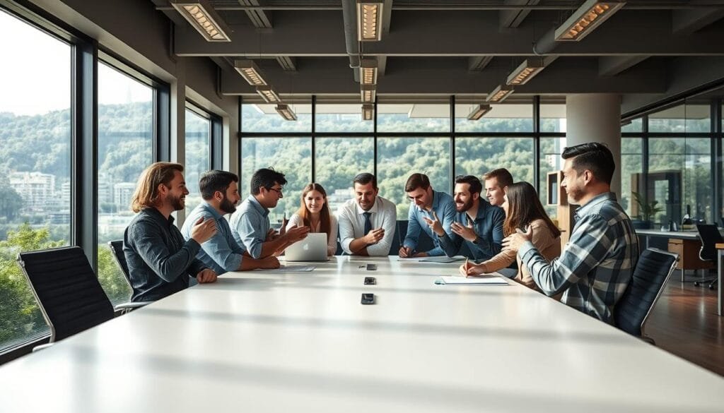 A bustling open-plan office, employees gathered around a large conference table in a well-lit, modern space with floor-to-ceiling windows overlooking a lush cityscape. The group is engaged in a lively discussion, gesturing animatedly as they collaborate on a project, their expressions indicating a sense of shared ownership and democratic decision-making. The lighting is warm and inviting, creating a productive yet relaxed atmosphere. The overall scene conveys the concept of "modelo participativo operativo" - a democratically-run, employee-owned enterprise where everyone has an equal voice in the decision-making process.