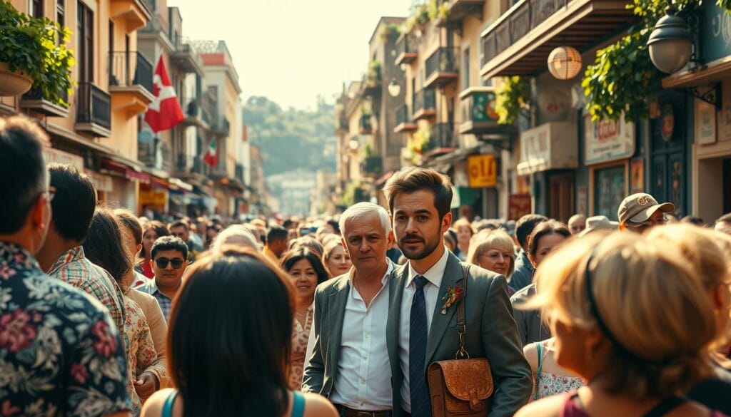 A bustling street scene in a vibrant Latin American city, capturing the diverse and nuanced use of the term "gringo." In the foreground, a group of locals engage in animated conversation, their gestures and expressions conveying a range of attitudes towards the "gringo" outsider. In the middle ground, a well-dressed North American tourist navigates the lively crowd, their bewildered expression hinting at the cultural barriers they face. The background is a rich tapestry of colorful buildings, lush foliage, and the ubiquitous symbols of Latin American culture. The scene is bathed in warm, golden light, creating a sense of energy and vitality. The overall mood is one of cultural exchange and the complexity of identity in a diverse, interconnected world.
