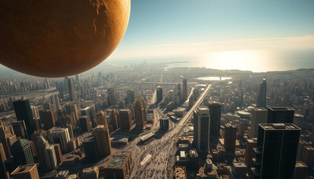 A captivating aerial view of a vast, sprawling cityscape, where towering skyscrapers and gleaming industrial complexes dot the landscape. In the foreground, a massive, golden-hued asteroid hovers ominously, casting a warm, radiant glow over the bustling metropolis below. The middle ground is filled with a flurry of activity, as people scurry about, their faces a mix of awe and apprehension. In the background, a stunning, sun-dappled skyline stretches out, with the shimmering blue of the ocean visible in the distance. The scene conveys a sense of both wonder and unease, as the potential economic impact of this celestial visitor looms large over the city.