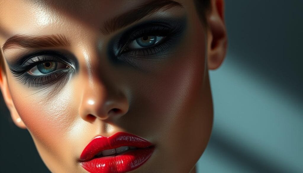 A captivating close-up of a model's face, featuring a stunning modern makeup look. The skin is flawless, with a dewy, luminous complexion accentuated by expertly sculpted cheekbones and a defined jawline. The eyes are intensely smoky, with a blend of dark charcoal and shimmering metallic eyeshadows that draw the viewer in. Thick, voluminous lashes frame the gaze, while the lips are painted in a bold, vibrant red hue that commands attention. Dramatic yet refined, the overall look is a celebration of innovation in the art of makeup, capturing the transformative power of cosmetics. Dramatic side lighting casts dramatic shadows, heightening the drama and intensity of the scene.