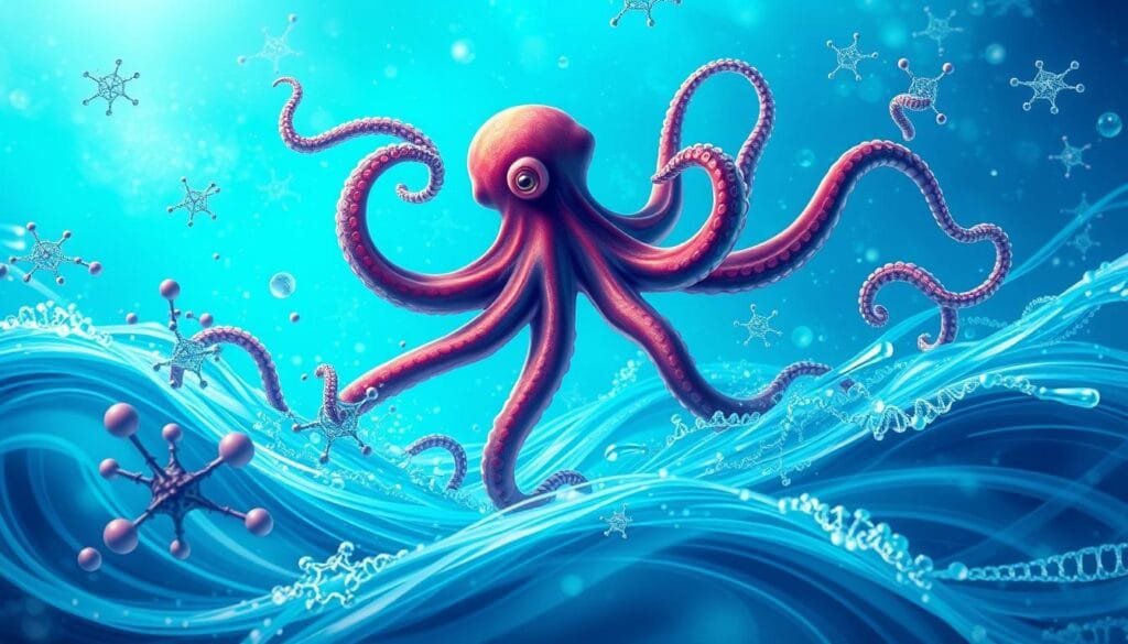 A captivating illustration of "genes saltarines pulpos" (jumping genes in octopuses) set against a backdrop of vibrant ocean hues. In the foreground, intricate molecular structures dance amidst a swirling current, their intricate patterns mirroring the complex cognitive abilities of these remarkable creatures. The middle ground features an octopus, its tentacles gracefully undulating, seemingly contemplating the secrets of its own genome. The background is a shimmering, aquamarine expanse, hinting at the vast, unexplored realms of octopus intelligence and the ongoing scientific quest to unravel its mysteries. The lighting is soft and diffused, creating a sense of wonder and discovery. The overall composition evokes the theme of "Inteligencia de los pulpos: Descubrimientos Recientes y Relevancia Científica", inviting the viewer to delve deeper into the captivating world of these enigmatic marine marvels.