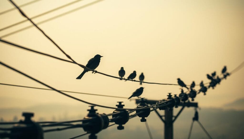 A captivating scene of birds perched on high-voltage power lines, their bodies seemingly unaffected by the electric currents coursing through the cables. The foreground showcases the intricate network of wires and insulators, casting dramatic shadows across the birds' delicate forms. In the middle ground, the birds appear poised and serene, their sleek feathers glistening in the soft, diffused lighting. The background fades into a hazy, atmospheric landscape, emphasizing the enigmatic nature of this phenomenon. Captured with a cinematic, wide-angle lens, the image conveys a sense of wonder and curiosity, inviting the viewer to ponder the mechanisms that allow these avian marvels to defy the dangers of high-tension power lines.