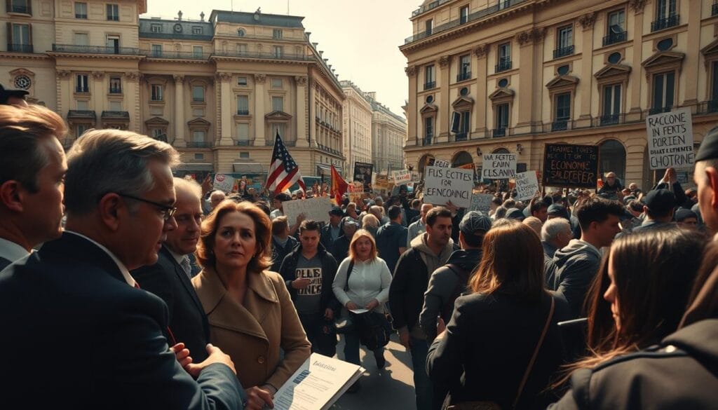 A chaotic financial crisis grips France, the streets filled with anxious citizens. In the foreground, a group of well-dressed men and women argue animatedly, faces etched with concern. Midground, a mob of protesters surges forward, carrying signs and banners decrying economic injustice. In the shadowy background, grand neoclassical buildings loom, their ornate facades hinting at the wealth and privilege that fuels the unrest. The air is thick with tension, the lighting harsh and unforgiving, casting dramatic shadows that underscore the gravity of the situation. A lens with a wide, cinematic aspect ratio captures the scene, emphasizing the scale and complexity of the crisis that sets the stage for the coming French Revolution.